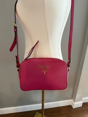 Authentic Prada Fuchsia Leather Crossbody Bag with Gold Logo